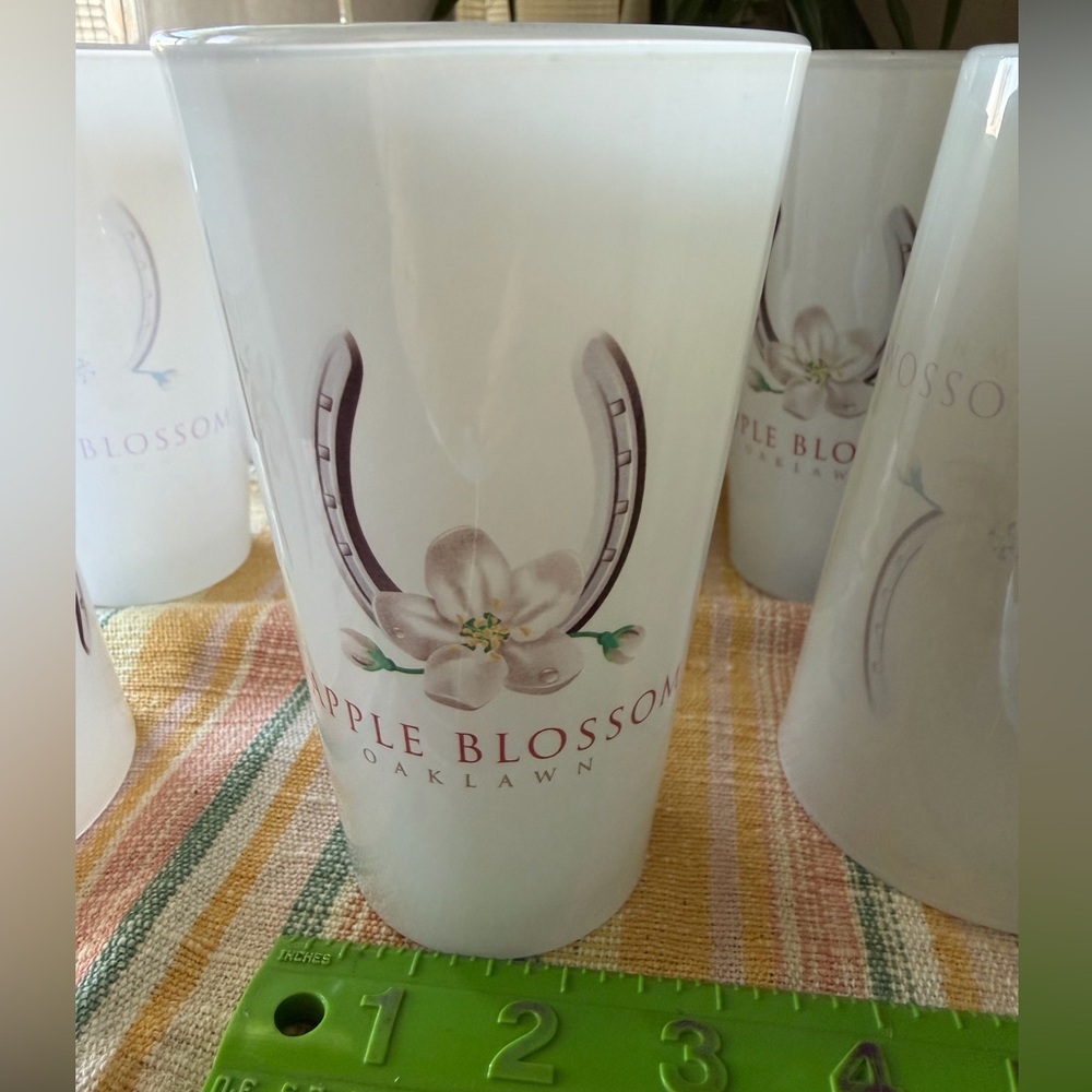 8 Apple Blossom Glass Tumblers with White Floral Apple Blossom & Horseshoe